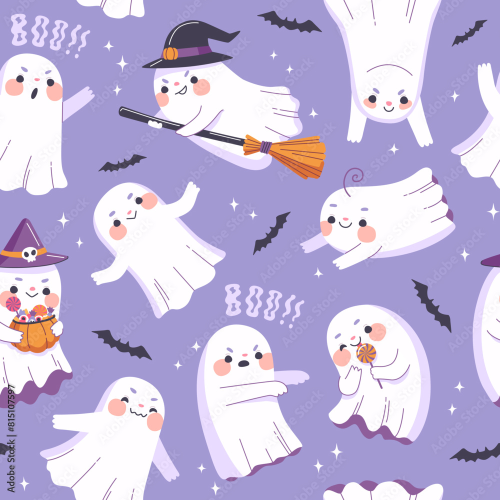Cute ghost characters on seamless pattern for halloween. Print design with cartoon baby ghosts, bats and stars on purple background. Spooky season vector decoration Cute ghost characters on seamless pattern for halloween. Print design with cartoon baby ghosts, bats and stars on purple background. Spooky season vector decoration