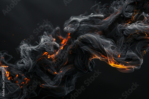 Abstract tendrils of black smoke twisting and curling against a stark black backdrop, illuminated by fiery orange highlights.