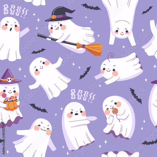 Cute ghost characters on seamless pattern for halloween. Print design with cartoon baby ghosts, bats and stars on purple background. Spooky season vector decoration