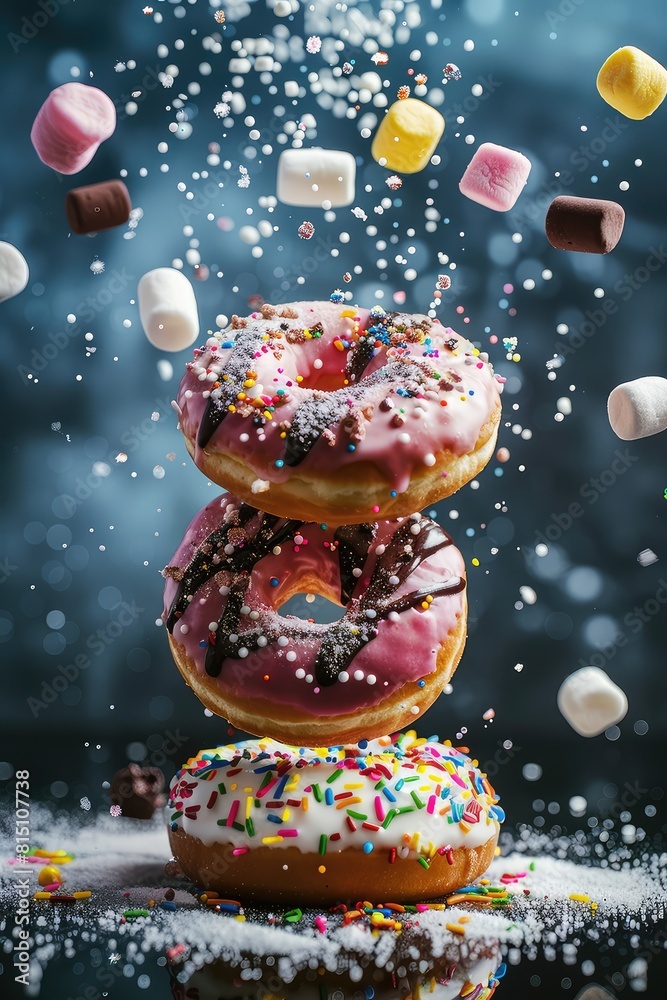 Splash of donuts with different sprinkles. Selective focus. Splash of donuts with different sprinkles. Selective focus.