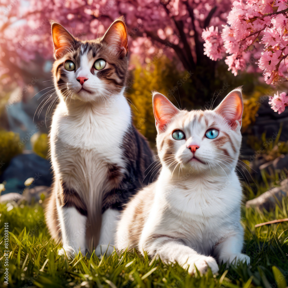 Two friends of a cat in nature on the background of a cherry blossom Two friends of a cat in nature on the background of a cherry blossom