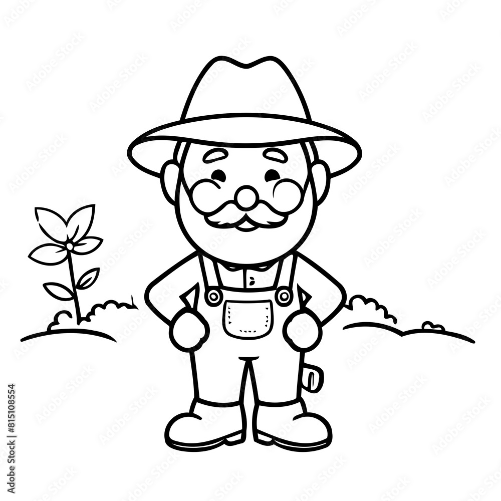 Cute vector illustration Farmer doodle black and white for kids page Cute vector illustration Farmer doodle black and white for kids page