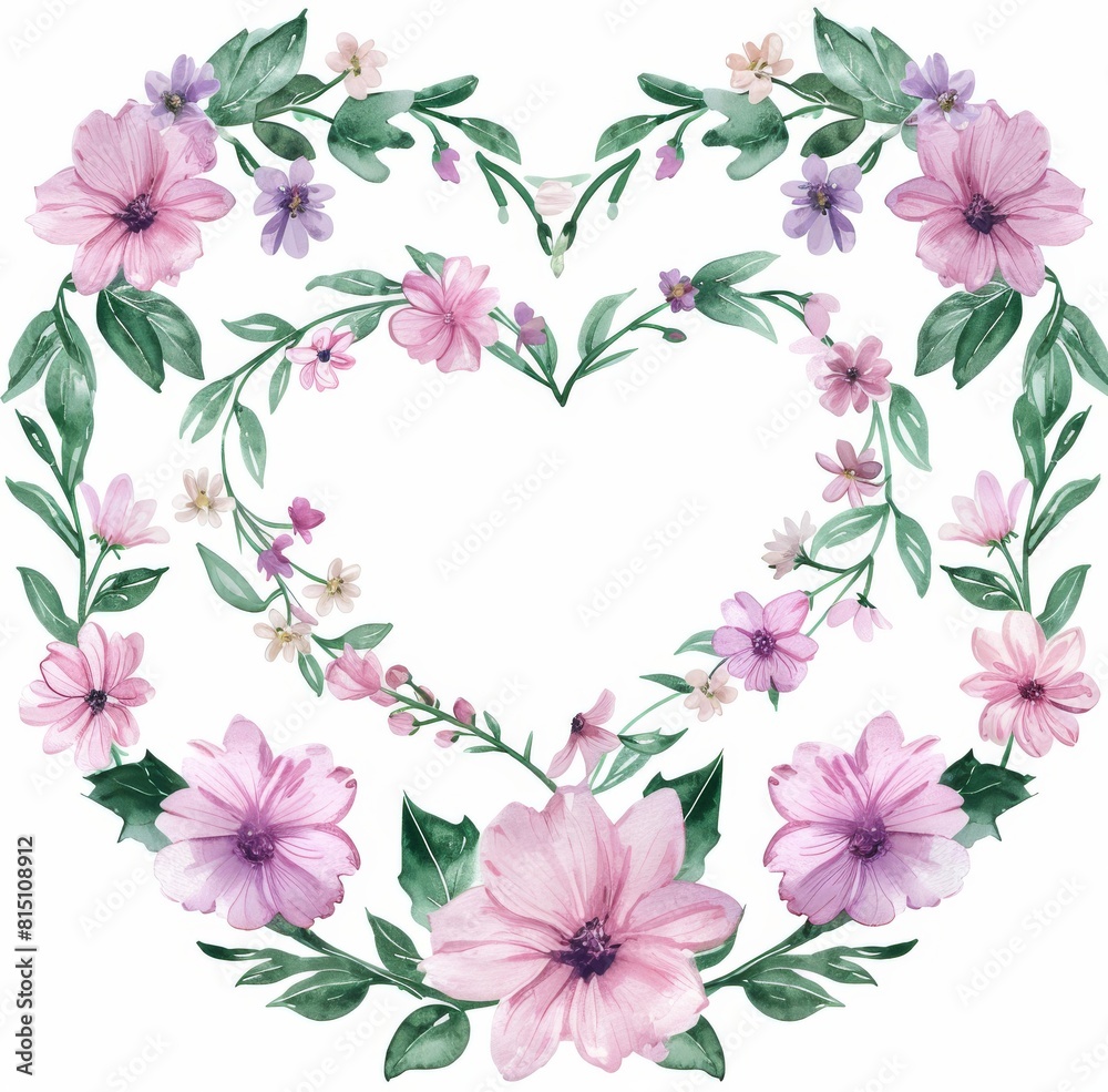 Fototapeta premium Geometric frame in the shape of a heart with pastel pink and purple flowers 