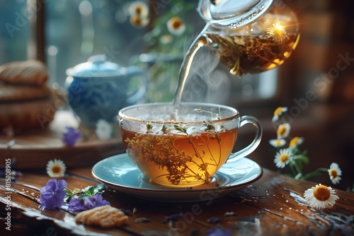 Herbal Tea Pouring A Moment of Morning Serenity in a Cozy Cup