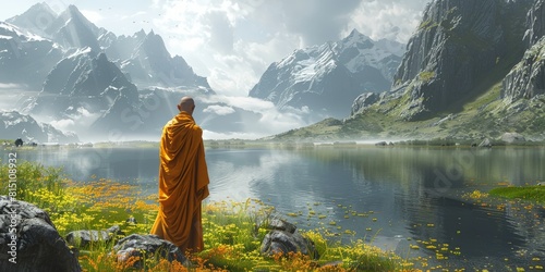 Buddhist Monk Standing in Front of Mountain Lake