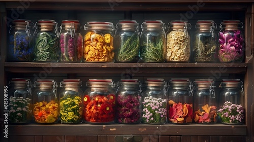 Herbalists Apothecary Cabinet Brimming with Labeled Herbs for Potent Remedies