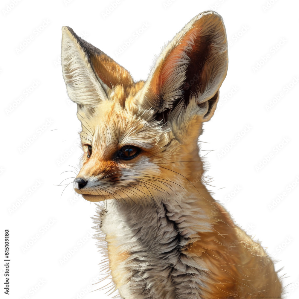 Fototapeta premium A drawing of a fennec fox sitting on a plain white backdrop, a fennec fox isolated on transparent background