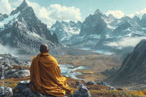 Buddhist Monk Sitting on Mountain Top Overlooking Valley