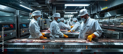 High-Tech Automated Meat Processing Line with Operators Monitoring Cutting Machines Through Digital Displays photo