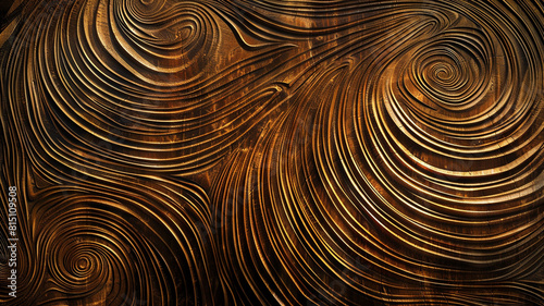 Intricate patterns of swirling lines etched into a wooden surface, creating an organic and tactile texture that invites touch and exploration.