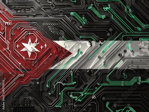Futuristic 3D flag of Jordan, incorporating Petra and digital desert themes in a hightech style photo