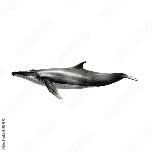 Black and white illustration of a humpback whale swimming gracefully  a fin whale isolated on transparent background