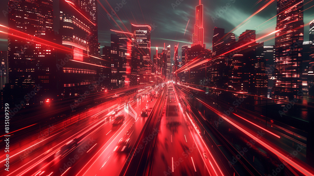 Red light streaks illuminating a virtual cityscape, showcasing the dynamic energy of AI-driven urban environments.