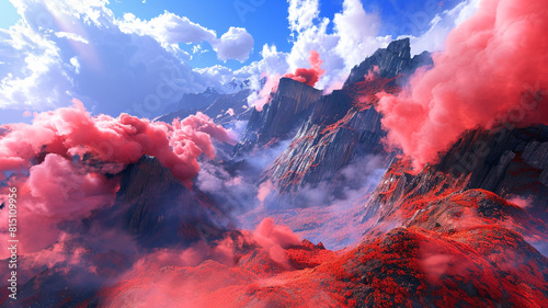 Red-hued clouds billowing against a backdrop of virtual mountains, evoking a sense of mystery and wonder in AI landscapes. photo