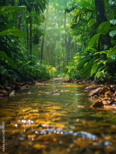 Mystical view of a shallow stream flowing through a lush tropical jungle with sunlight filtering through the canopy.