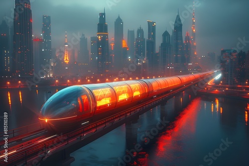 Hyperloop System Lighting Up the Night Sky A Futuristic Transportation Solution Weaving Through City Landmarks