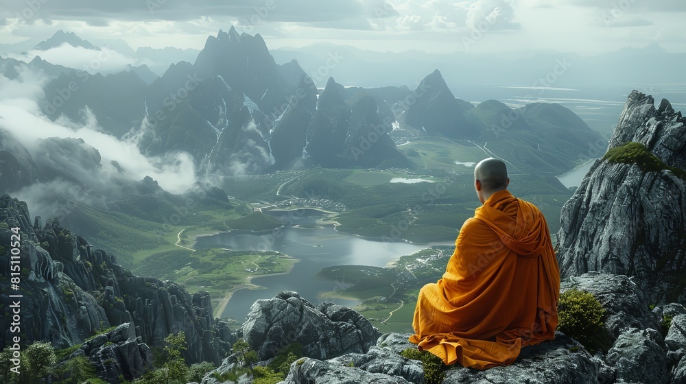 Monk Contemplating Valley From Mountain