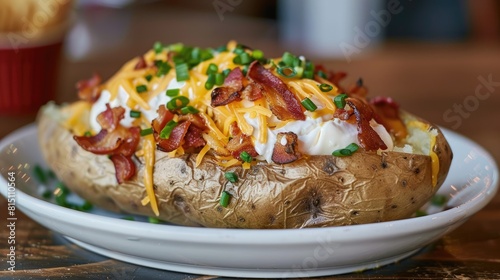 Bacon cheese sour cream and chives topped baked potato photo