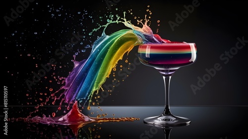 Rainbow cocktail splash, colourful drink on dark background, pride party beverage