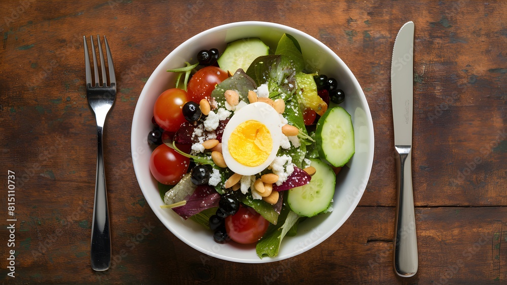 Bowl of salad from above, healthy vegetable meal photo, organic food on wooden table Bowl of salad from above, healthy vegetable meal photo, organic food on wooden table