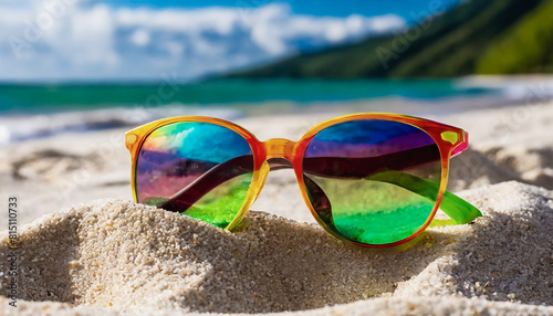 Bright Rainbow Frame Sunglasses on Sandy Beach