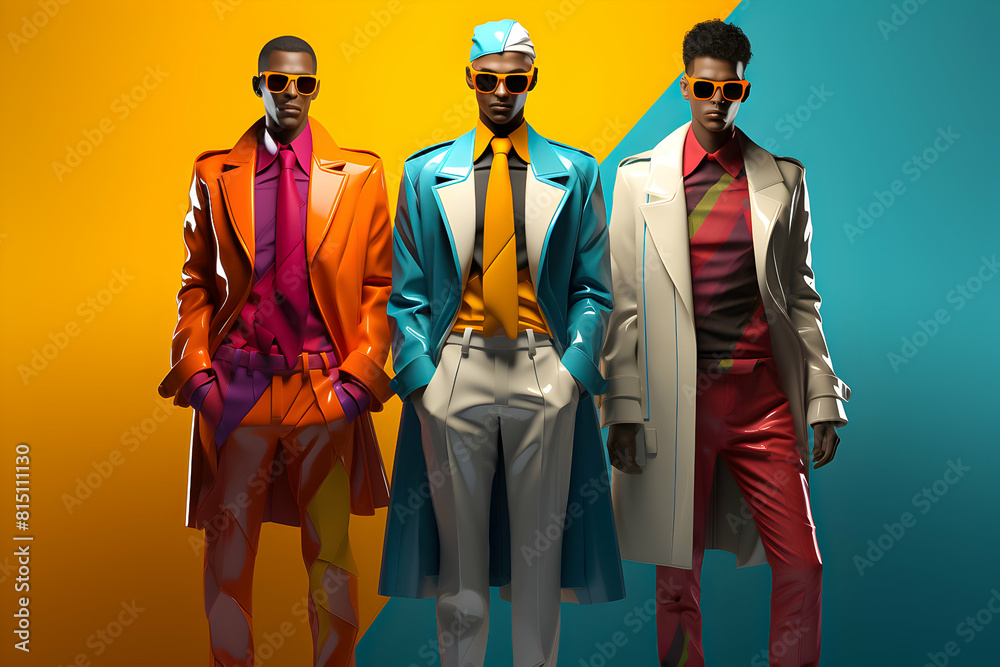 Fototapeta premium Three men in vibrant tailored suits and sunglasses against colorful backgrounds.