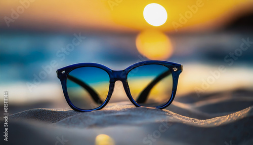 Blue Frame Sunglasses on Sandy Beach at Sunset