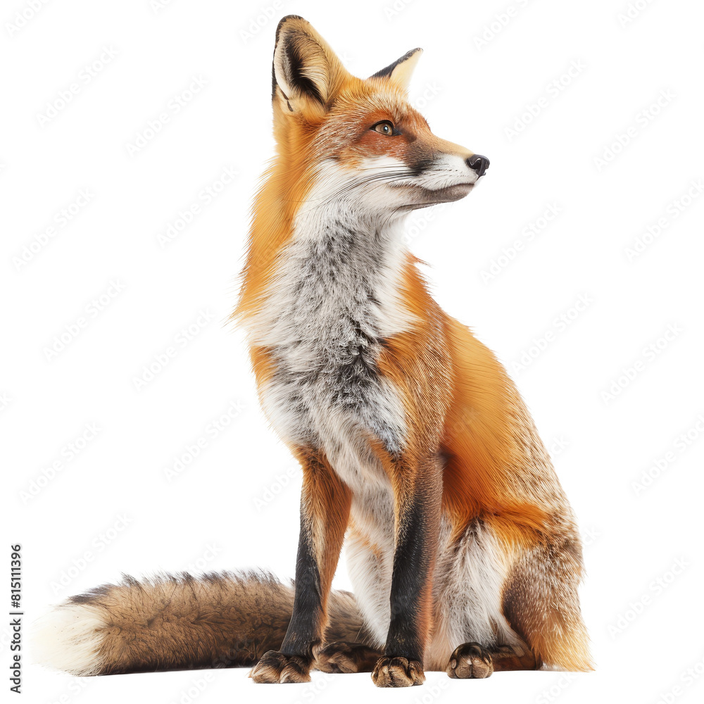 Red fox sitting in front of plain Png background, looking alert and observant, a Beaver Isolated on a whitePNG Background Red fox sitting in front of plain Png background, looking alert and observant, a Beaver Isolated on a whitePNG Background