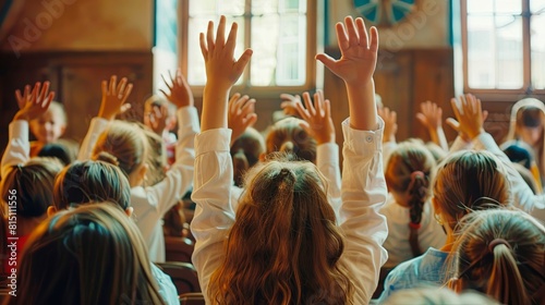 Children raise their hands to answer in the classroom, a vibrant scene of youthful curiosity and eagerness to learn, captured in a moment of shared discovery. photo