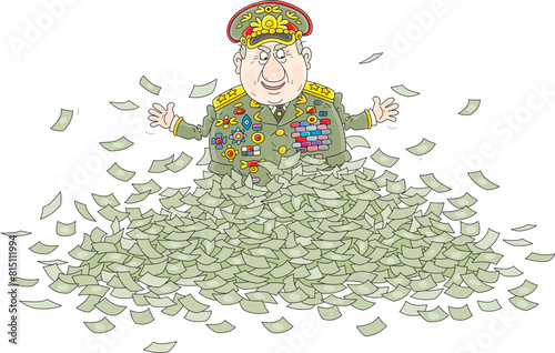 Fat corrupt general in army uniform with orders and medals on a big pile of money, vector cartoon illustration on a white background