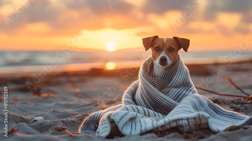Jack Russell Terrier Finds Comfort and Peace in Blanket at Beachside Sunset
