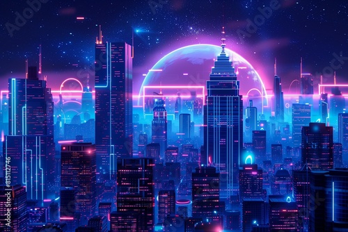 view of the city, A cyberpunk cityscape: the glowing circle lines form skyscrapers against the midnight blue sky. The geometric stripe art pulses with neon indigo, reflecting the heartbeat of a metrop photo