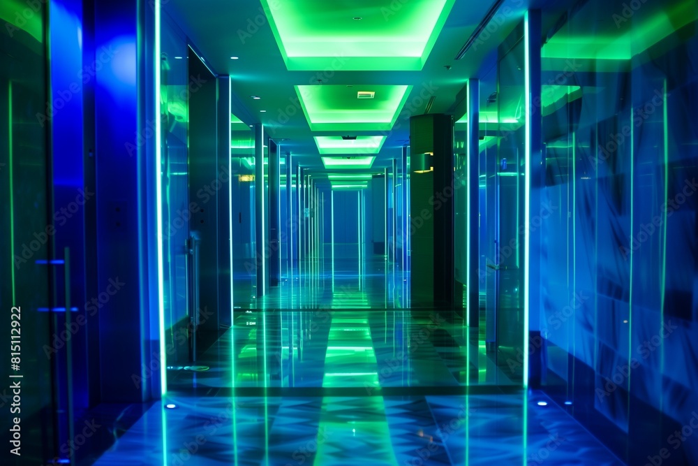 corridor in the office,  A futuristic hotel corridor: the neon green lighting shifted to electric blue, guiding guests toward their rooms. The mirrored panels create an illusion of endless space. 