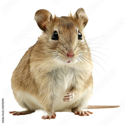 A brown mouse is seated in front of a plain white backdrop, a gerbil isolated on transparent background