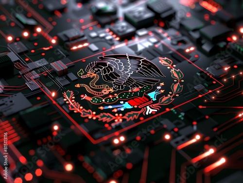 Futuristic 3D flag of Mexico, featuring digital Aztec symbols merged with modern tech aesthetics