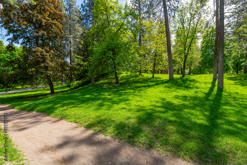 Trees, grass and walking paths at the central park area of the 90 acre Manito Park and Botanical Gardens in the South Hill district near downtown Spokane, Washington.