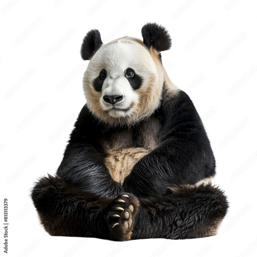 A panda bear is seated in front of a plain white backdrop, a giant panda isolated on transparent background A panda bear is seated in front of a plain white backdrop, a giant panda isolated on transparent background