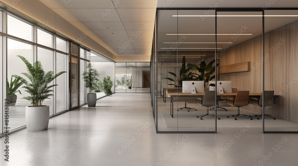 Fototapeta premium Minimalist office space with sliding glass doors