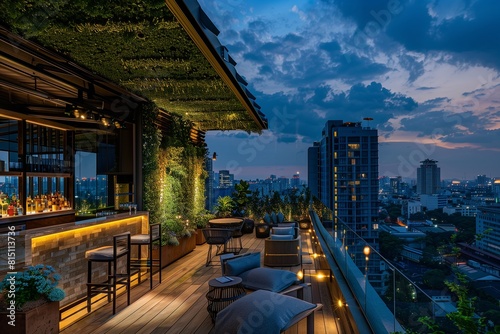 view of the city, A rooftop bar: the lush greenery now a muted olive, framing the panoramic view of the city. The outdoor seating invites guests to sip cocktails under the starlit sky. © Hasnain Arts