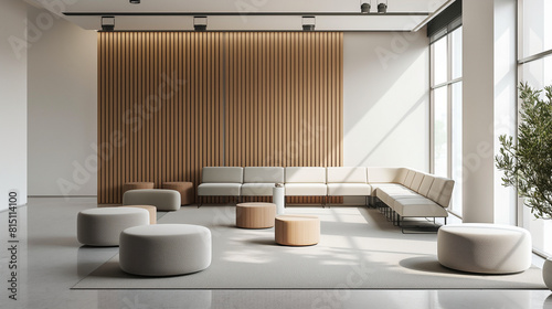 Office breakout space with minimalist lounge furniture