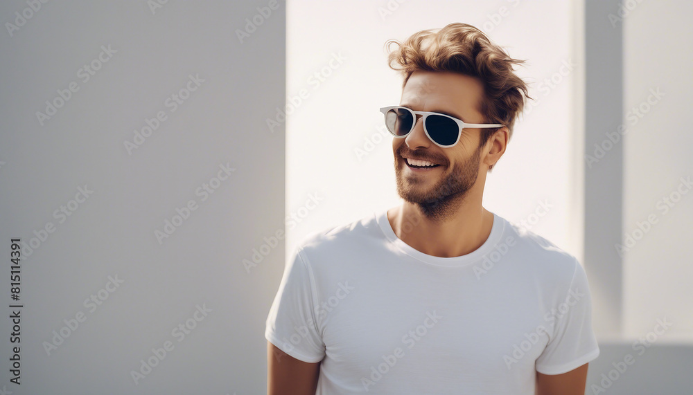 Portrait of happy man in white t-shirt and wearing sunglasses, isolated on white background
Portrait of happy man in white t-shirt and wearing sunglasses, isolated on white background