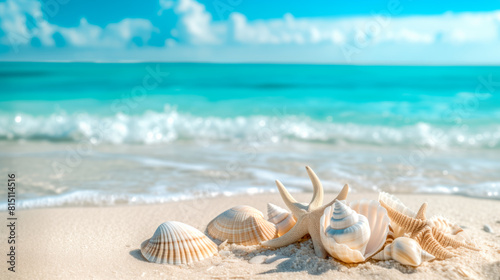 Colorful starfish and seashells is scattered across the sandy beach, in the style of backgrounds. Summer concept © boule1301