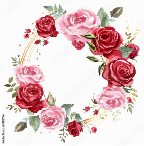 Elegant pink and red roses frame the white background 