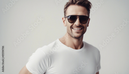 Portrait of happy man in white t-shirt and wearing sunglasses, isolated on white background
