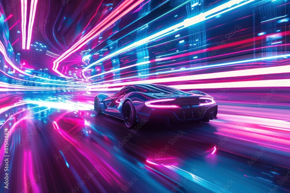 A car is driving down a road with bright lights and neon colors A car is driving down a road with bright lights and neon colors