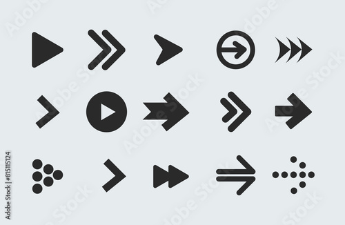 Arrows set black fill icons. Cursor vector collection. Modern simple arrow in circle, stroke dash dot joint adjacent triangle direction forward play and solid colour fill Icon set of arrow