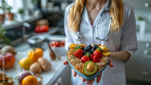 Nutritionist Advocating Healthy Eating Habits with HeartShaped Platter of Fruits Vegetables and Whole Grains photo