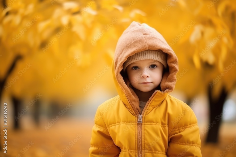 A small child in a hooded brown jacket stands among yellow autumn leaves, exuding warmth and coziness. Child in Autumn with Hood and Warm Jacket A small child in a hooded brown jacket stands among yellow autumn leaves, exuding warmth and coziness. Child in Autumn with Hood and Warm Jacket