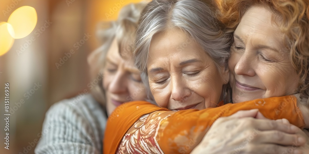 Middleaged women in group therapy embrace for support during psychological practice. Concept Group Therapy, Middle-Aged Women, Embracing, Psychological Practice, Support