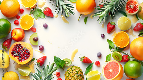 Fruit flat lay from above colorful food background  on white background Seamless pattern of different fruits and berries  flat lay  Generative  AI 